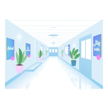 A long hospital corridor stretches in both directions, lined with glossy white walls. Colorful motivational posters are affixed to the walls, each featuring uplifting phrases like "Believe in Yourself" and "Stay Positive." The floor is polished and reflects the overhead fluorescent lights, creating a bright atmosphere. In the distance, a set of double doors leads to a waiting area, and large windows at regular intervals allow natural light to filter in, illuminating the corridor. Potted plants are placed at strategic points, adding a touch of greenery to the clinical environment.