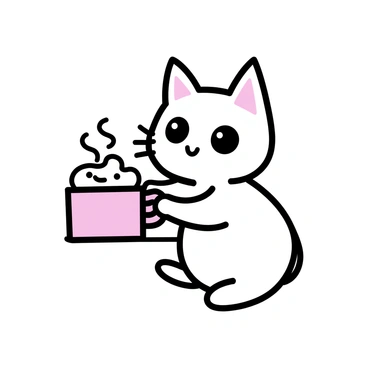 A cute cat with large, expressive eyes and fluffy fur is sitting at a small table. The cat is holding a steaming mug of hot chocolate with both paws, and the mug is topped with a generous swirl of whipped cream. The cat's ears are perked up, and its whiskers are slightly twitching as it takes a sip. The background features simple outlines of a cozy room, hinting at warmth and comfort.