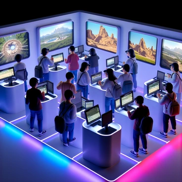 A virtual reality zone filled with sleek, modern equipment designed for immersive experiences. There are several individual booths, each equipped with high-tech VR headsets and motion sensors. The floor is illuminated with colorful LED lights, creating an engaging atmosphere. Travelers of diverse backgrounds are seen interacting with various simulations, with some exploring a digital landscape while others are engaged in a thrilling adventure. The walls are adorned with screens showcasing the different experiences available, making it a vibrant and dynamic environment.