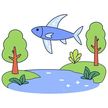 A flying fish gliding above a flowing stream. The fish has a shimmering blue body with sweeping, translucent wings extended gracefully. Below the fish, the stream reflects the light, with sparkling ripples across its surface. On either side of the stream, lush green trees and plants frame the scene, with leaves varying in shades of green. The background features more greenery, contributing to a vibrant natural environment.