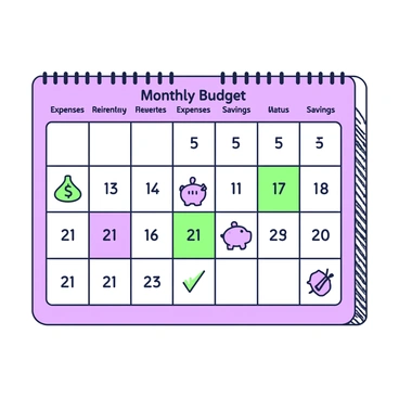 A calendar displayed on a wall is filled with notes detailing monthly expenses and savings goals. Each day block features neatly written entries in black ink. Colorful icons accompany each entry, such as a green dollar sign for expenses, a purple piggy bank for savings, and a green checklist for goals. The calendar is organized, with a title at the top that reads "Monthly Budget." Each icon is distinctly outlined, creating a clear visual representation for each entry.