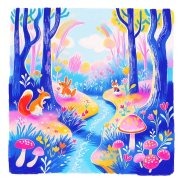 A page from a children's book features a whimsical forest filled with tall, twisting trees with bright green leaves. Colorful flowers in various shapes and sizes dot the forest floor, while soft, fluffy mushrooms add a playful touch. In the background, a sparkling stream winds through the trees, reflecting the vibrant colors of the forest. Little animals, such as a cheerful squirrel with a bushy tail and a curious rabbit with large ears, can be seen peeking out from behind the trees. A rainbow arcs across the sky, adding to the enchanting scene.