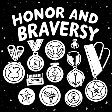 An array of military medals arranged neatly on a textured velvet backdrop. Each medal displays intricate designs and details, showcasing various symbols of valor and achievement. The medals are positioned at different angles to create depth. The caption "Honor and Bravery" is prominently displayed above the medals in bold lettering.