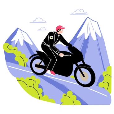 A motorcyclist wearing a bright red helmet and a black leather jacket is climbing a steep mountain path. The motorcycle is a glossy black with sleek lines, showcasing its powerful design. Snow-capped peaks tower majestically in the background, their white tops contrasting with the rugged rocky slopes. Lush green vegetation lines the path, and the sky above is clear with a few fluffy white clouds. The motorcyclist carries a sense of determination as they navigate the winding road and steep incline.