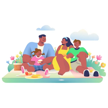 A family of four is sitting on a colorful picnic blanket spread out in a flower-filled meadow. The parents, a man with short black hair wearing a light blue shirt and a woman with long brown hair dressed in a yellow sundress, are smiling at their two children. One child is a girl with pigtails wearing a pink t-shirt and denim shorts, and the other child is a boy with curly hair wearing a green polo shirt and khaki shorts. They are sharing sandwiches and fruit from a wicker basket next to them. The meadow is filled with vibrant wildflowers in various colors, and in the background, a clear blue sky can be seen with a few fluffy white clouds drifting by.
