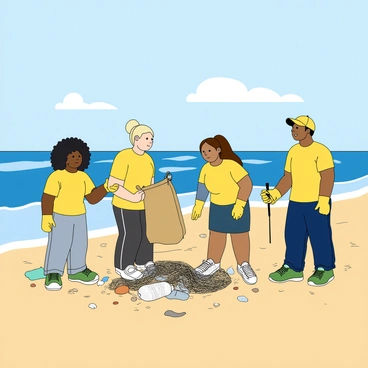 A group of four volunteers gathered on a sandy beach, wearing bright yellow t-shirts and gloves while picking up litter. One volunteer with dark curly hair is collecting plastic bottles, while another with straight blonde hair holds a large trash bag filled with waste. A third volunteer, a woman with long brown hair in a ponytail, is picking up discarded fishing nets. The fourth volunteer, a man with a baseball cap, is holding a grabber tool to pick up smaller items. The gentle blue waves of the ocean roll in the background, and a clear sky with a few fluffy white clouds is visible above. Scattered seashells and small rocks dot the sandy surface around them.