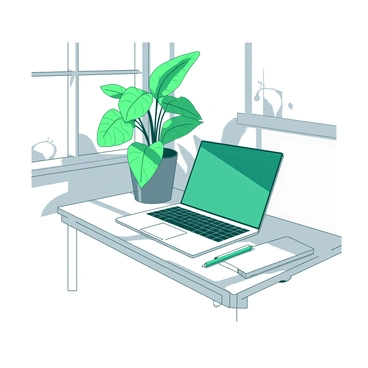 A white workspace features a large green plant placed prominently on a light wood desk. The desk is neatly organized with a closed laptop, a white notepad, and a teal pen positioned next to the plant. The background includes a soft white wall with a subtle shadow cast by the plant, enhancing the overall atmosphere. Natural light spills in from a nearby window, highlighting the plant's vibrant leaves.