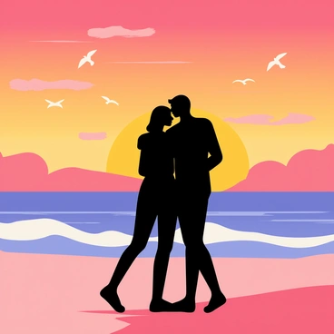 A couple embracing on a beach at sunset, their figures forming a silhouette against the vibrant colors of the sky. The sky showcases hues of orange, pink, and purple blending together. Soft waves gently lap at the shore, reflecting the warm tones of the sunset. The couple stands close together, their arms wrapped around each other, with the beach and ocean stretching out behind them. In the distance, a few seagulls fly across the sky, adding to the peaceful scene.