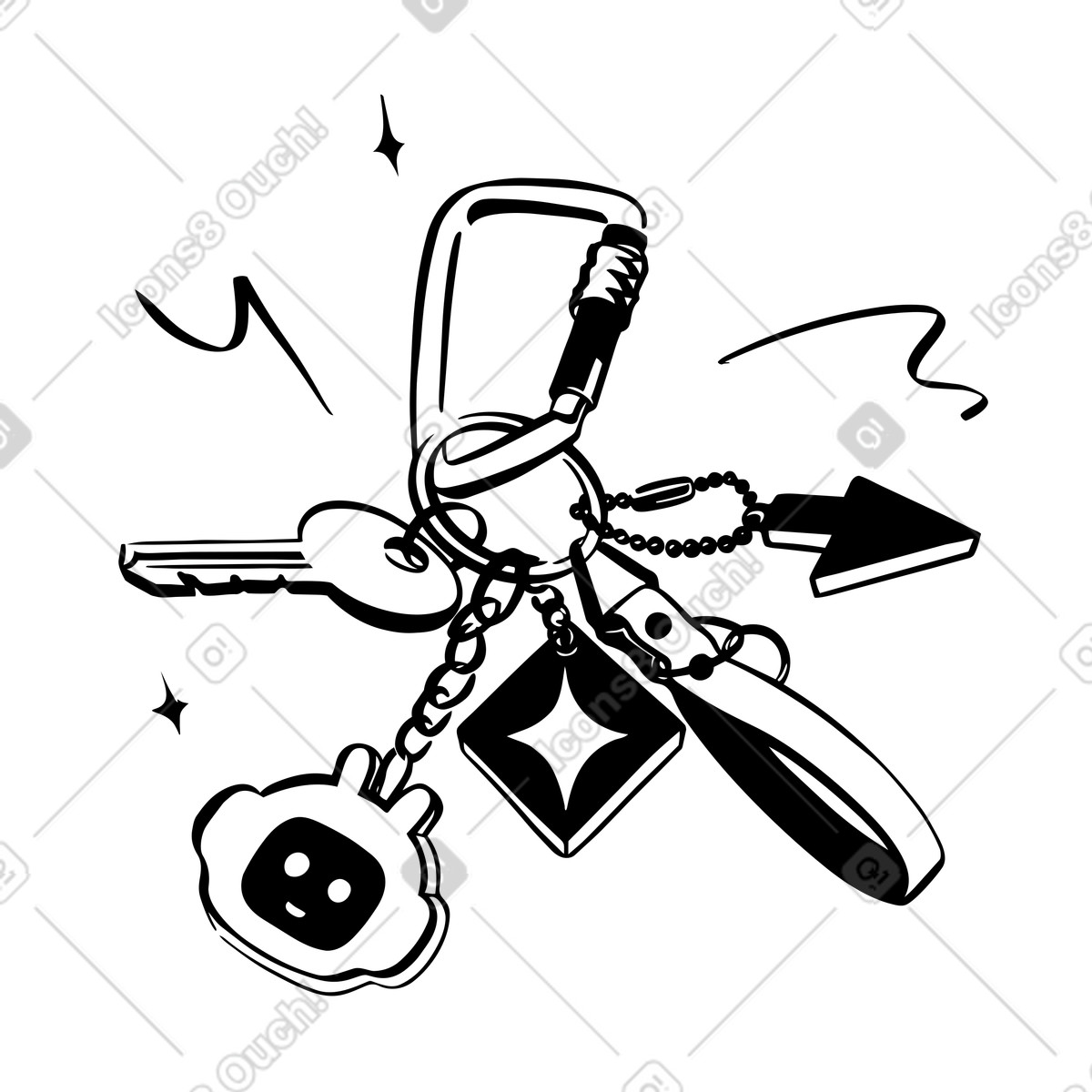 Ciondoli chatbot e gadget tecnologici su moschettone, accessori merchandising a tema ia illustrazione in stile Line scarica in PNG, SVG