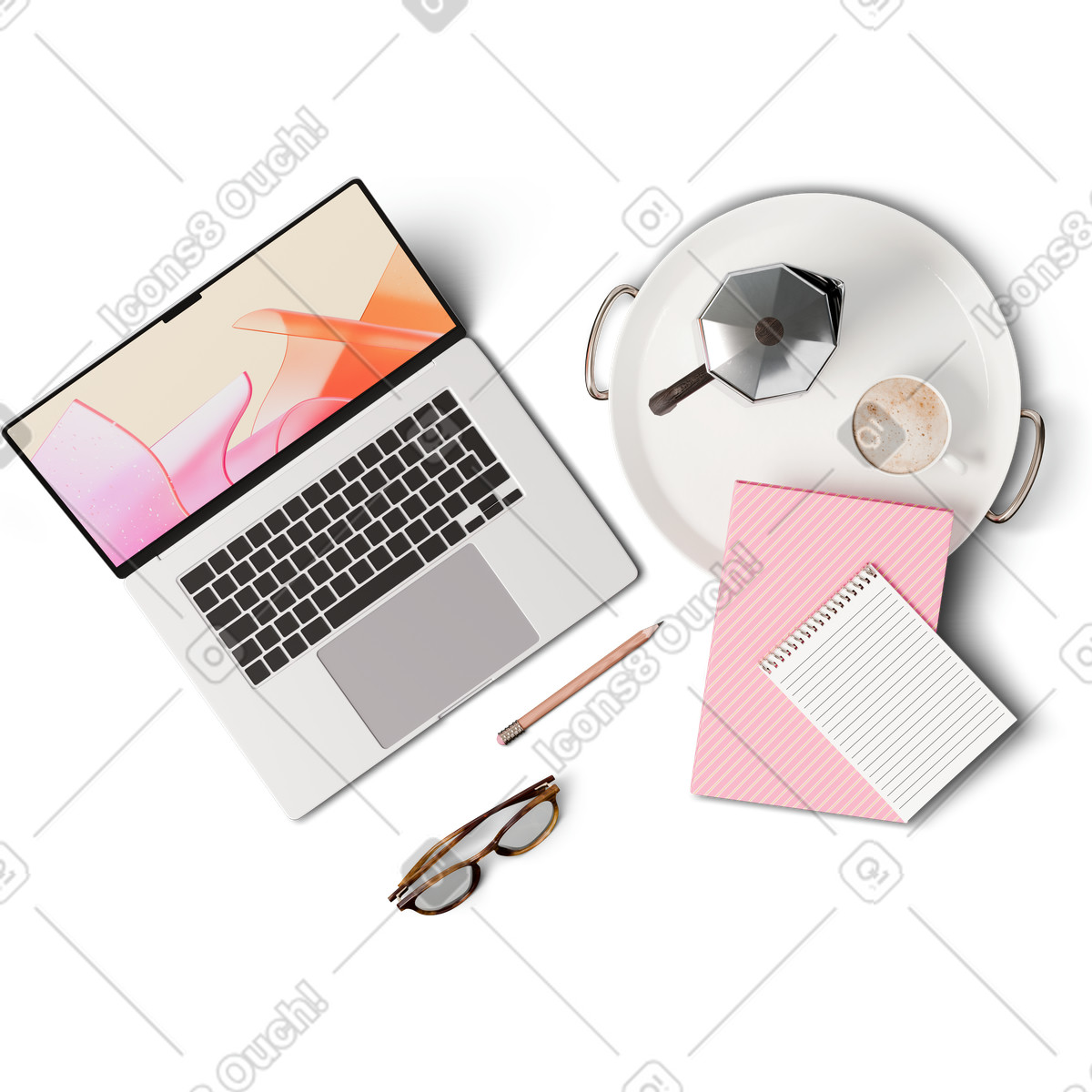 Top view of laptop, notebooks, tray with moka pot, and cup illustration in 3D Hygge style download in PNG, SVG