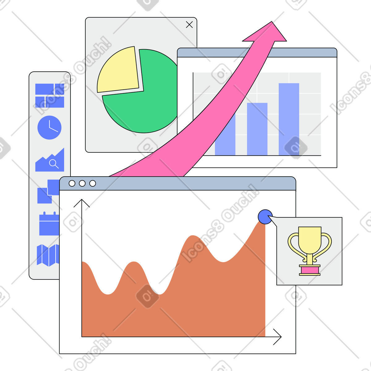Analytics dashboard with charts and rising arrow, business success metrics monitoring, business intelligence and trend analysis illustration in Teko style download in PNG, SVG