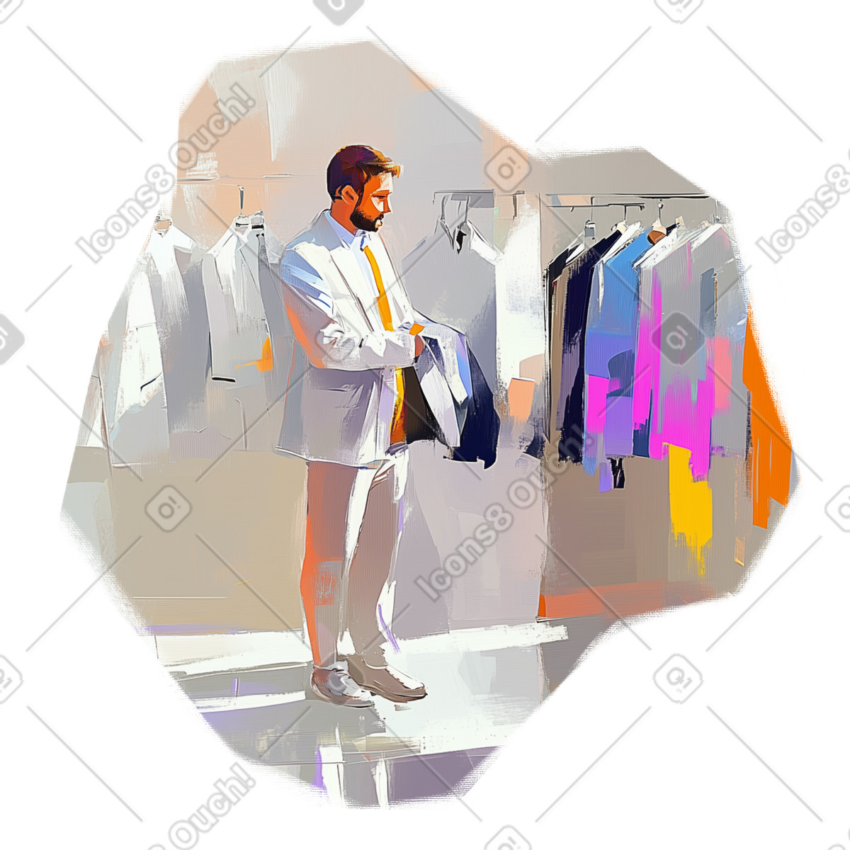 Oil painting of man choosing suit jacket in clothing store illustration Pictorial style download PNG, SVG