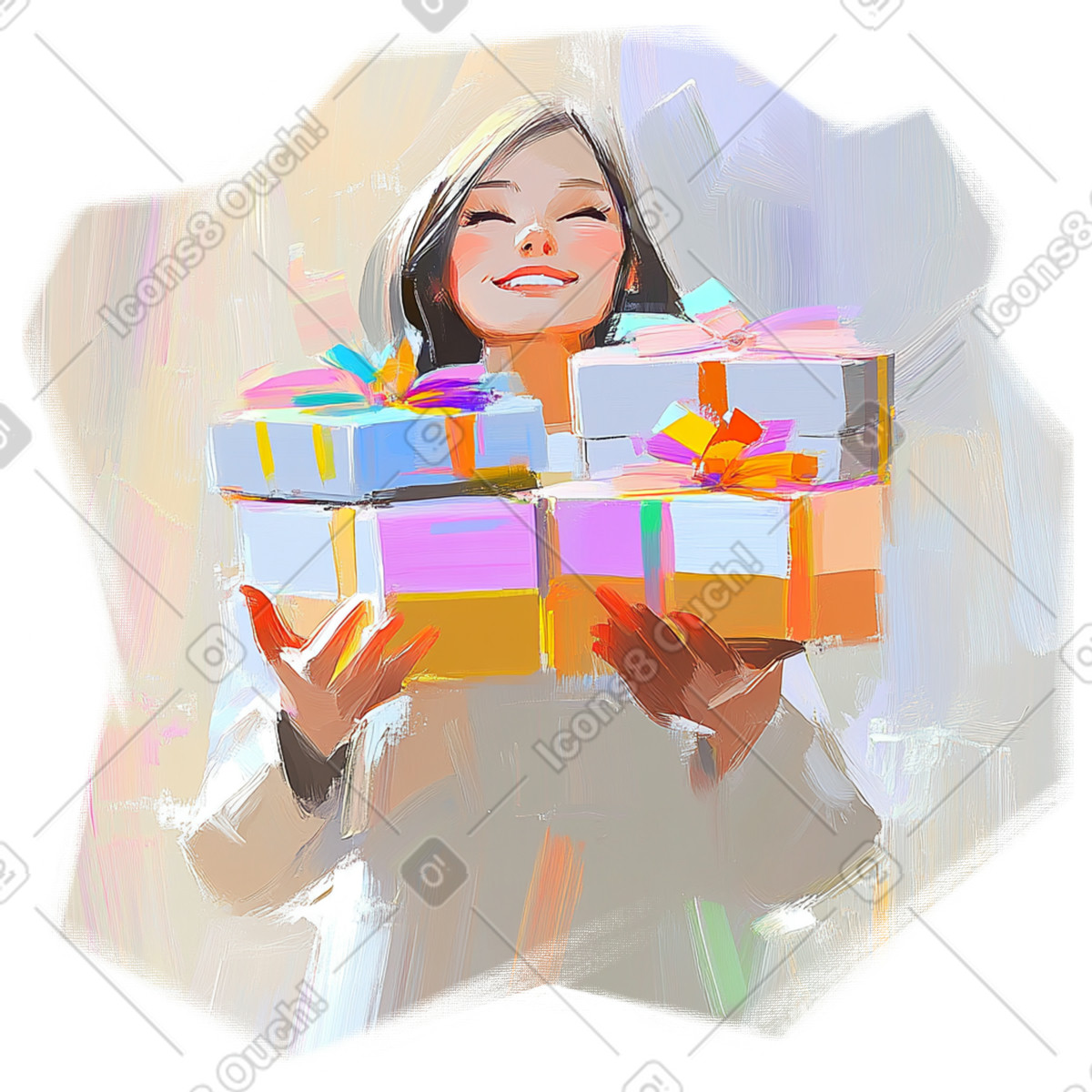 Ilustração de Pintura a óleo mulher feliz com presentes em no estilo Pictorial para baixar em PNG, SVG