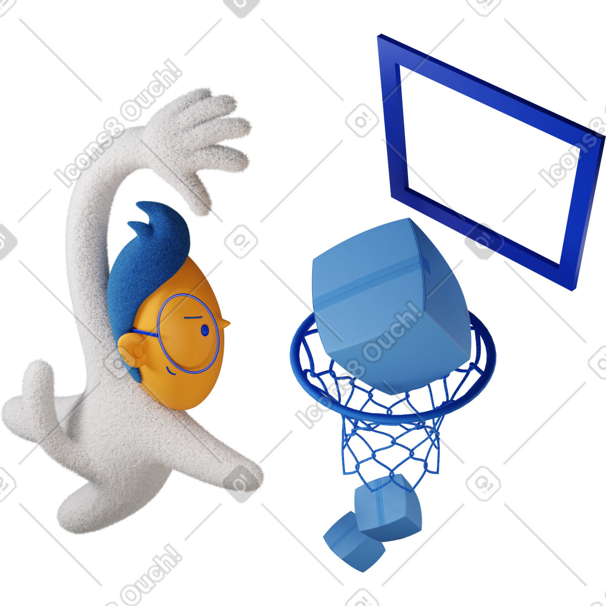 Il ragazzo che metteva le scatole nel canestro da basket si voltò con entusiasmo a sinistra illustrazione in stile 3D Buddy scarica in PNG, SVG