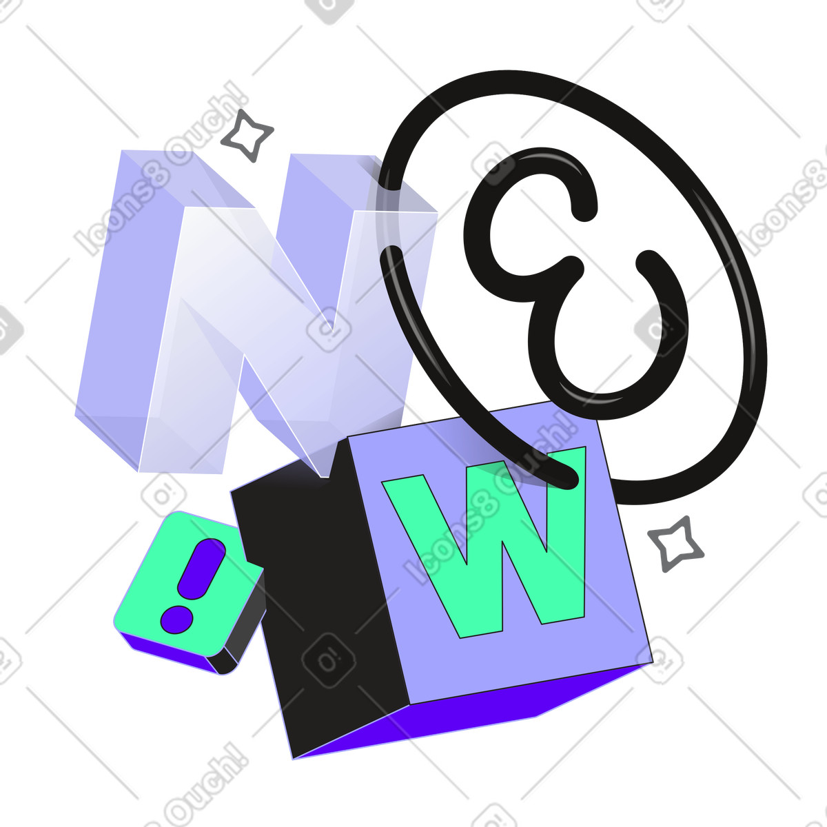 Ilustración Letras nuevas con signo de exclamación y texto estrellas. en estilo Incut a descargar en PNG SVG