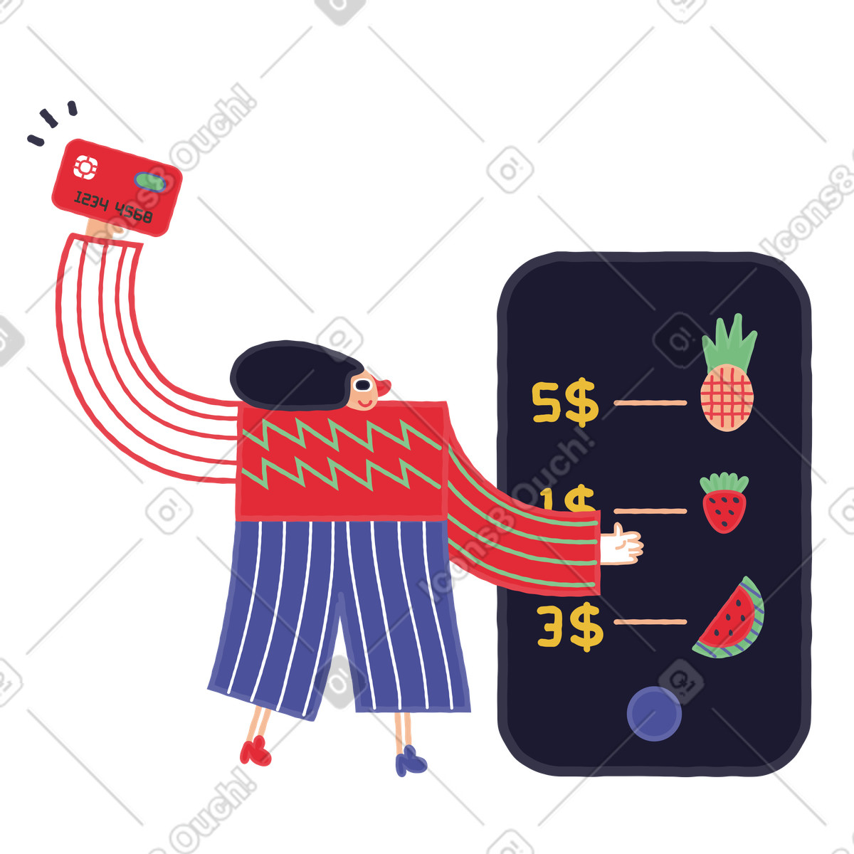Stripy スタイルの クレジットカードのモバイル端末で食料品を買い物する女性 のイラストをPNG、SVG形式でダウンロード