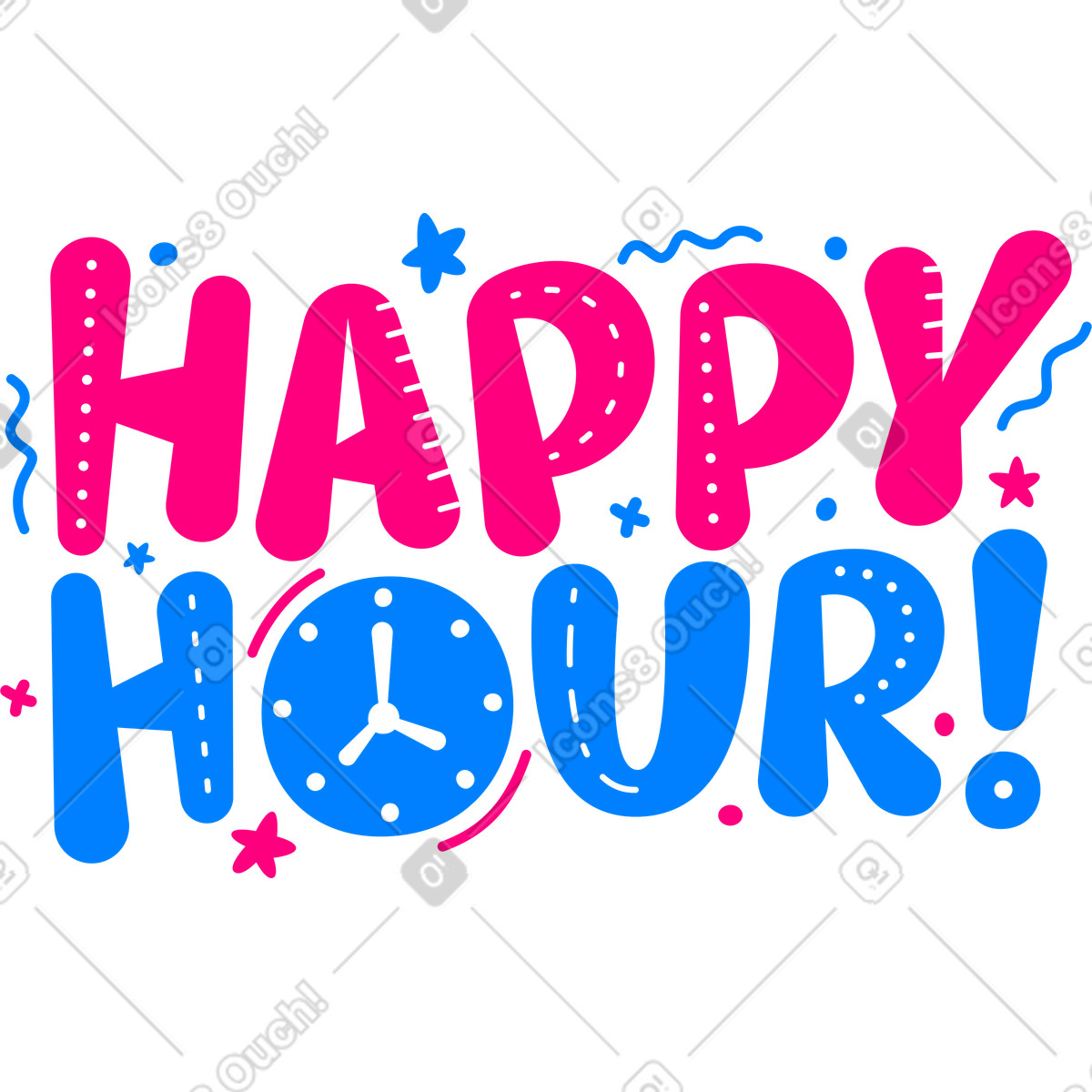 Illustration Lettrage happy hour avec texte étoiles et lignes dans le style Lettering à télécharger aux formats PNG, SVG