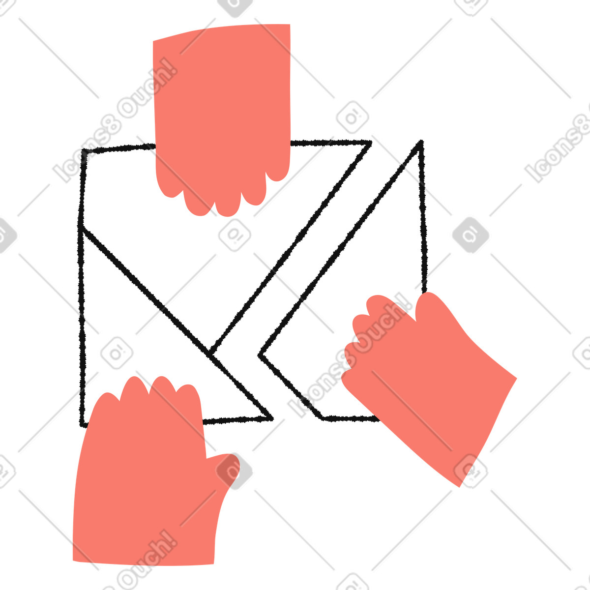 Ilustração de Envelope torn apart by three hands symbolizing conflict and disagreement em no estilo Bold People para baixar em PNG, SVG
