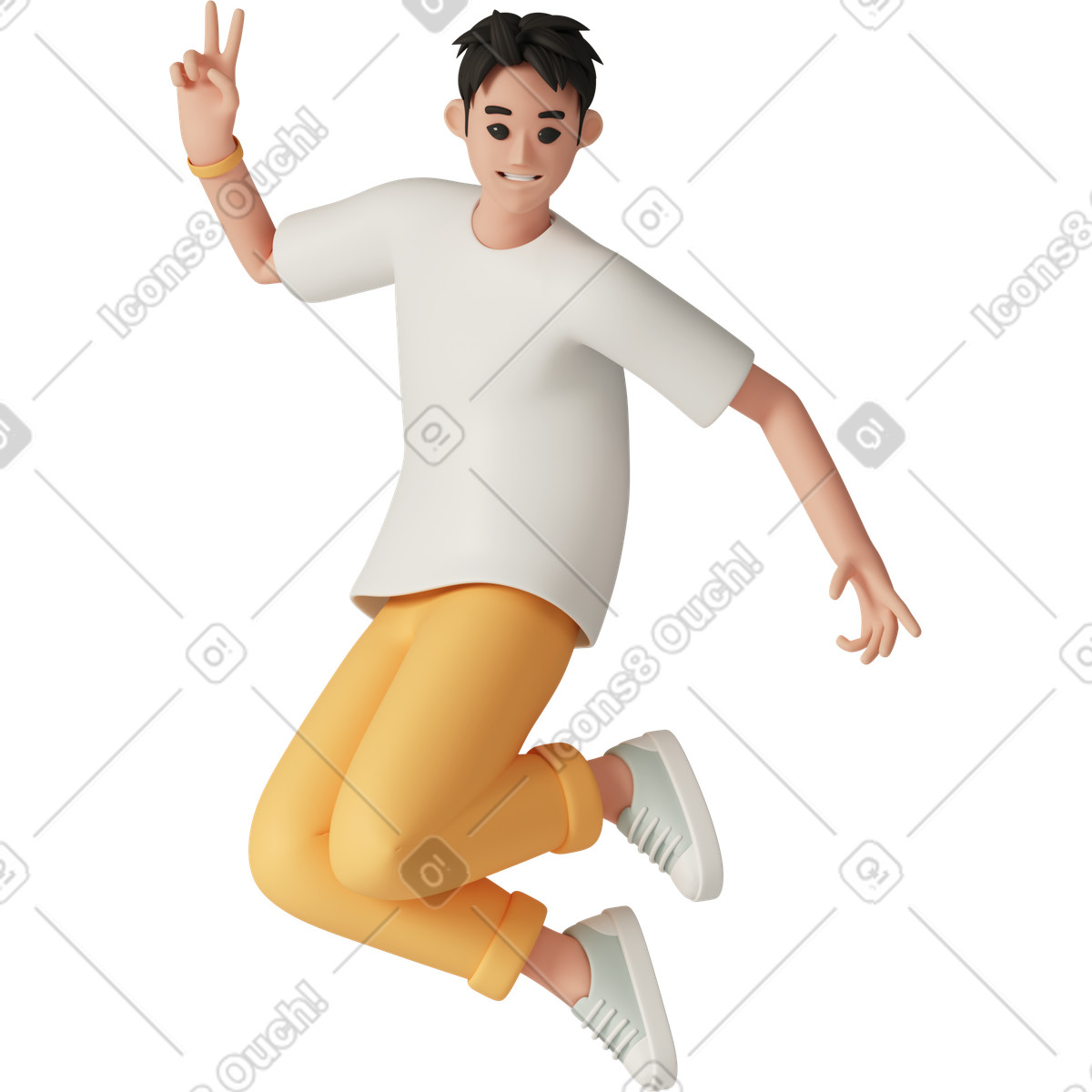 Ilustração de Happy jumping man showing v-sign em no estilo 3D Casual life para baixar em PNG, SVG