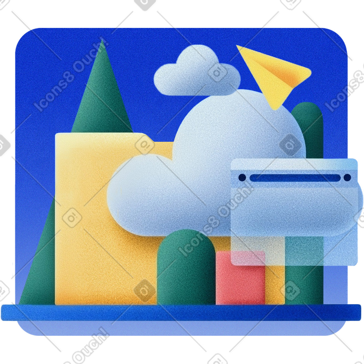 Caricamento di file nel cloud con cartella e aeroplanino carta, archiviazione backup dei dati online illustrazione in stile Grainy scarica in PNG, SVG
