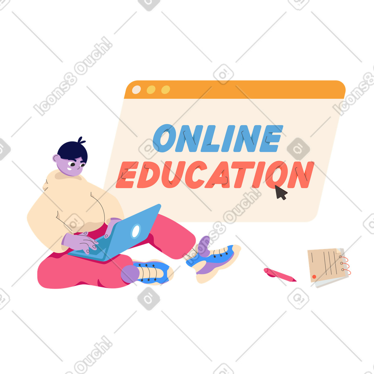 Online education text in browser window and guy with laptop illustration Dizzy style download PNG, SVG