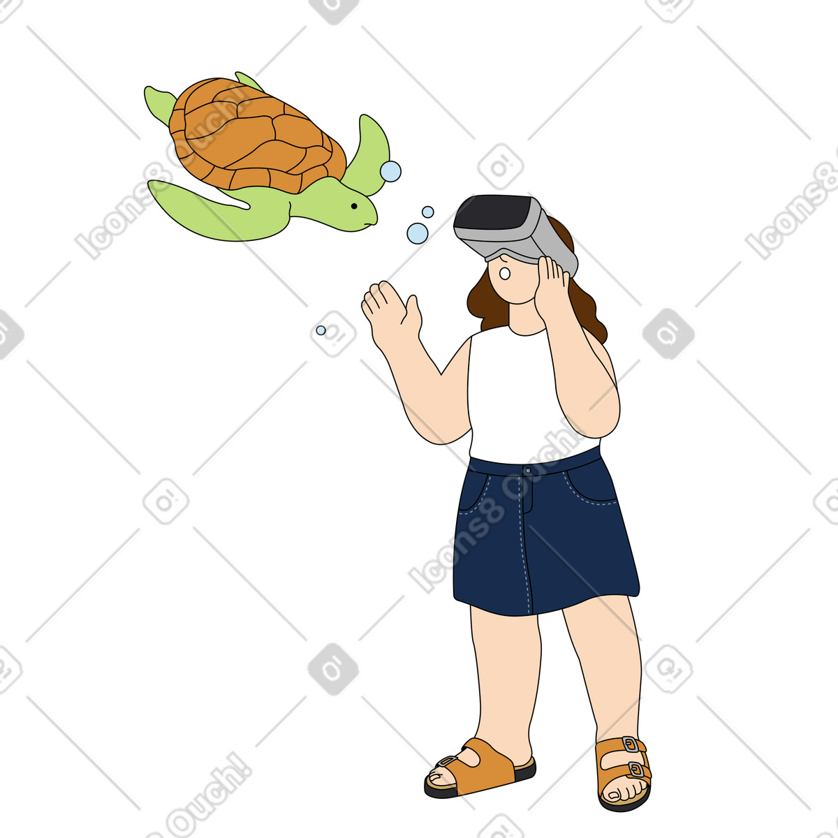 Donna con visore vr che vede una tartaruga marina illustrazione in stile Kindy scarica in PNG, SVG