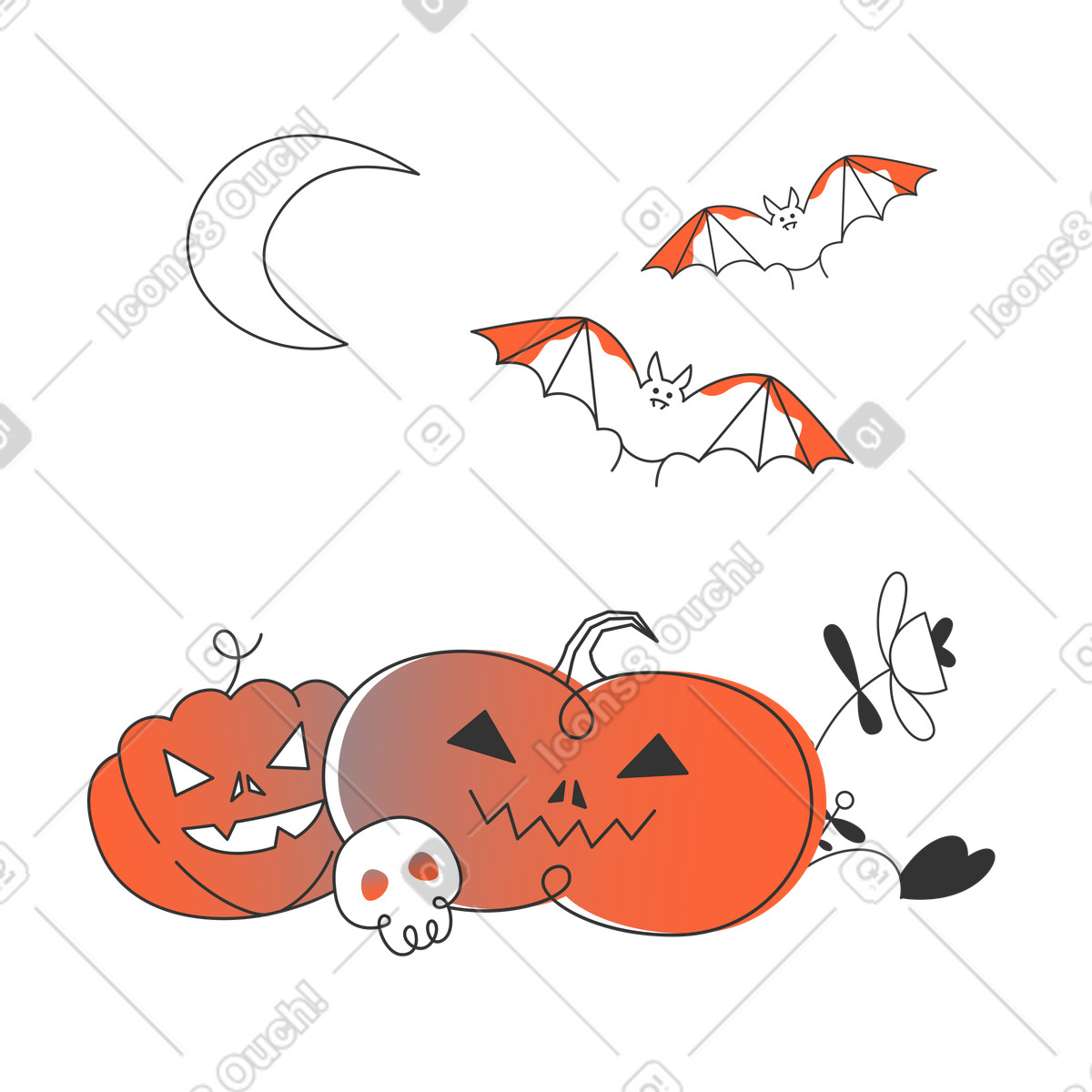 Illustration Citrouilles, crânes et chauves-souris d'halloween dans le style Crayon à télécharger aux formats PNG, SVG