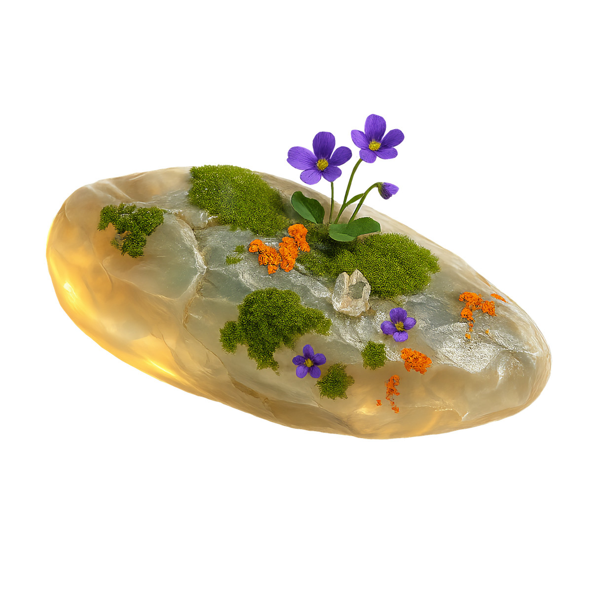 下载 Biomorphic 风格的 Quartz crystal with green moss and blossoms, Naturalistic arrangement 插画，支持 PNG、SVG 格式