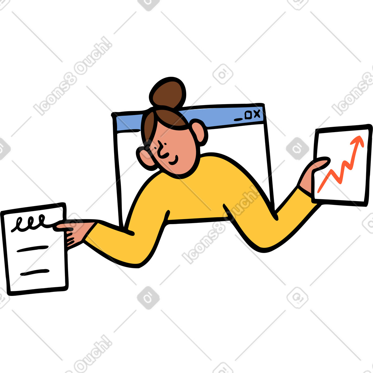 Frau in einem computerfenster telefoniert per video und hält dokumente-Illustration im Comic-Stil als Download PNG, SVG