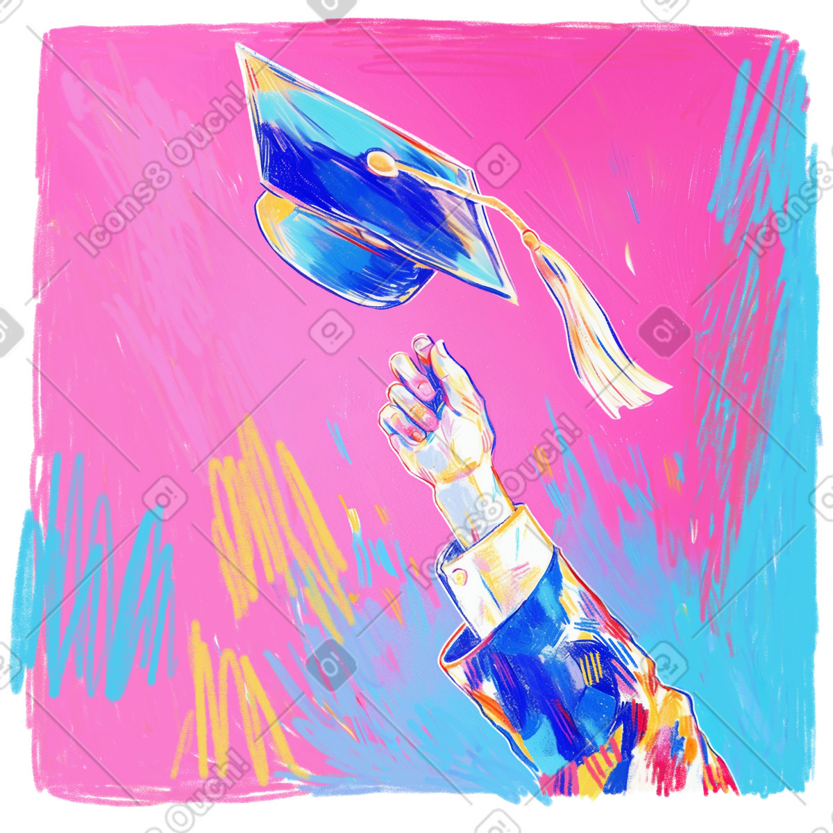 Ilustração de Chapéu formatura atirado com a mão levantada em comemoração no estilo Fuchsia para baixar PNG, SVG