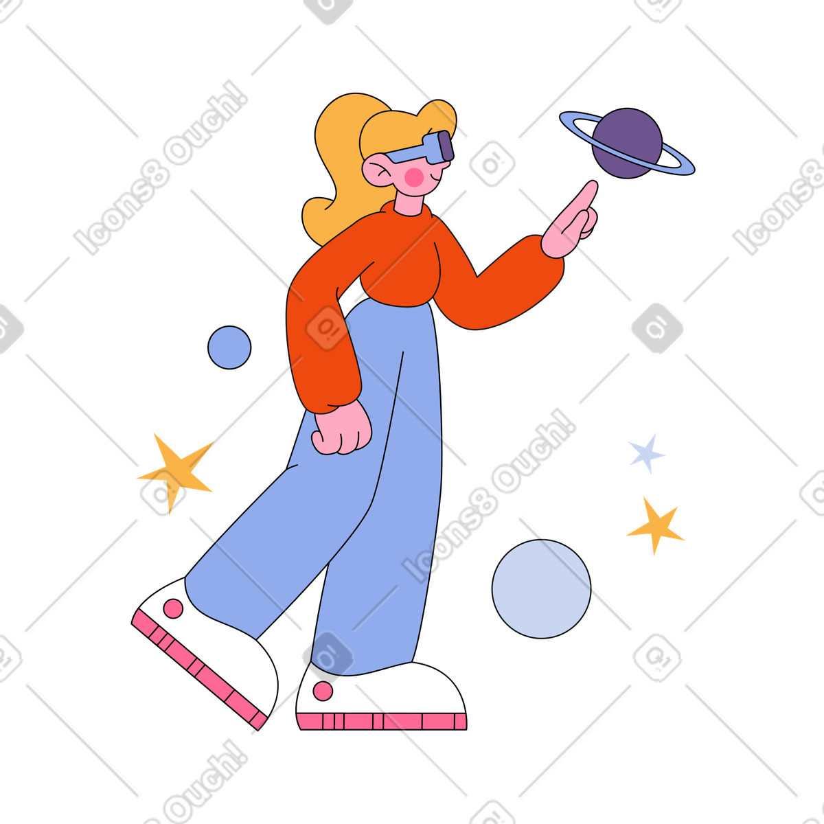 Donna con visore per realtà virtuale che cammina nello spazio illustrazione in stile Bloom scarica in PNG, SVG