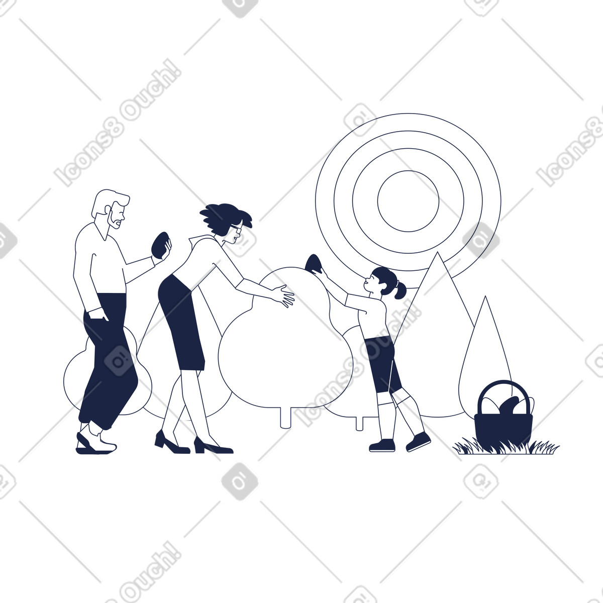 Familie feiert ostern in der natur-Illustration im Urban Line-Stil als Download PNG, SVG