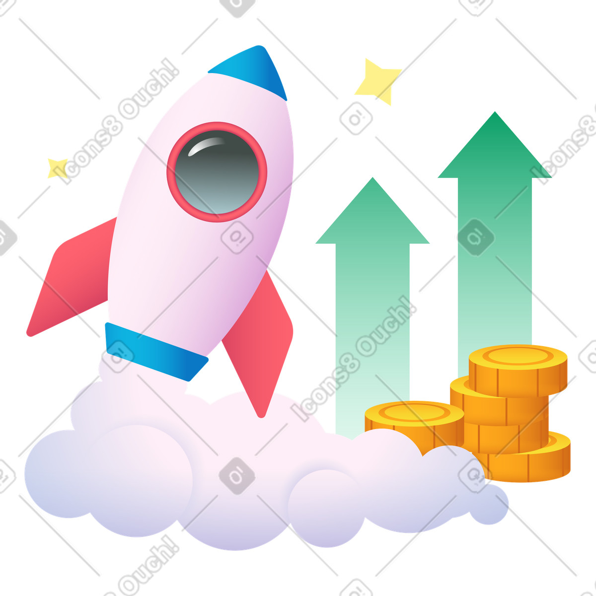 Startup launch with rocket and coins illustration in Colors style download in PNG, SVG