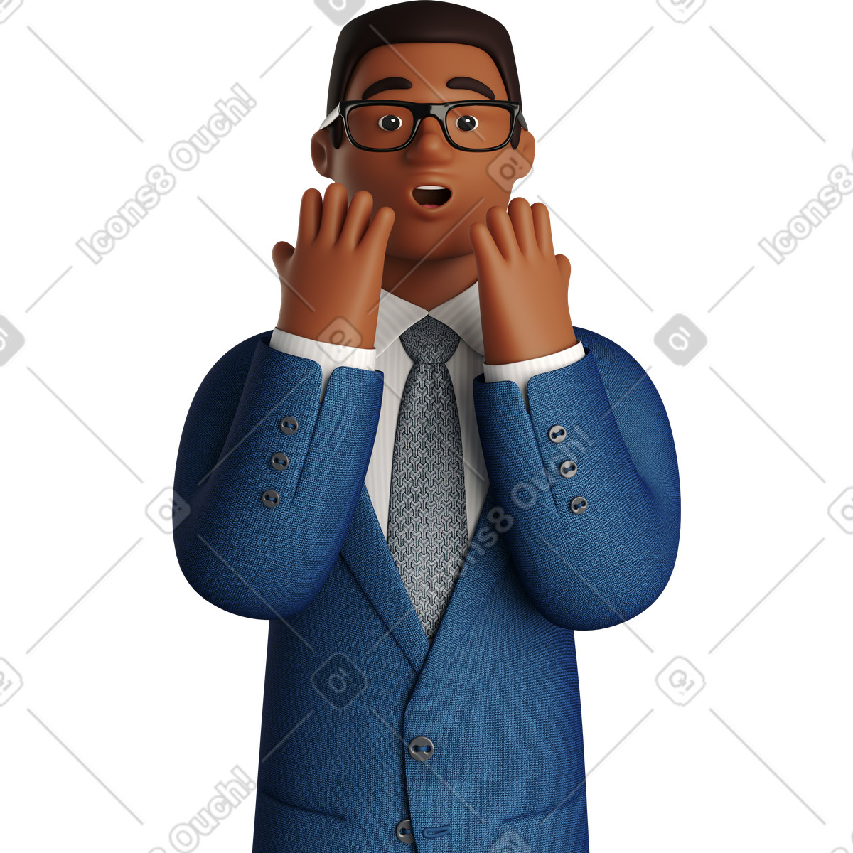 Illustration Black astonished businessman in blue suit dans le style 3D Business à télécharger aux formats PNG, SVG