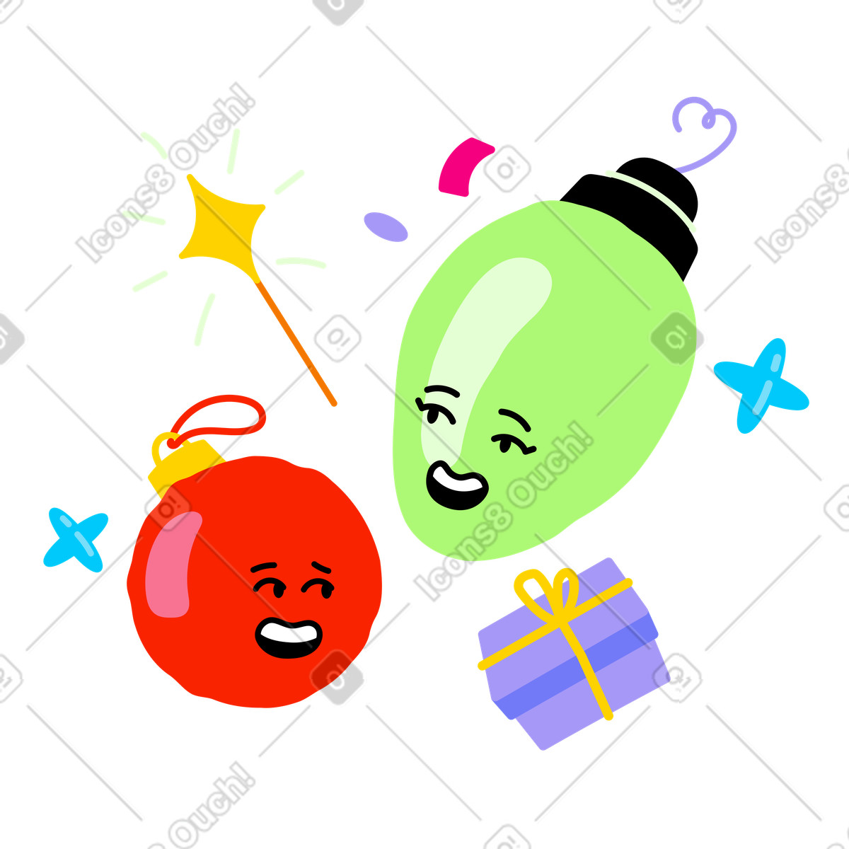 Ilustración Adornos navideños, varita mágica y regalo. en estilo Giggle a descargar en PNG SVG