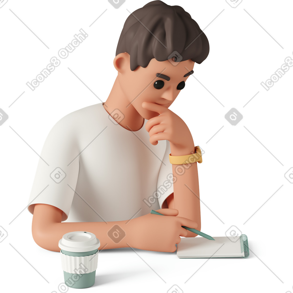 下载 3D Casual life 风格的 Thinking and writing in notebook with coffee cup, study note taking 插画，支持 PNG、SVG 格式