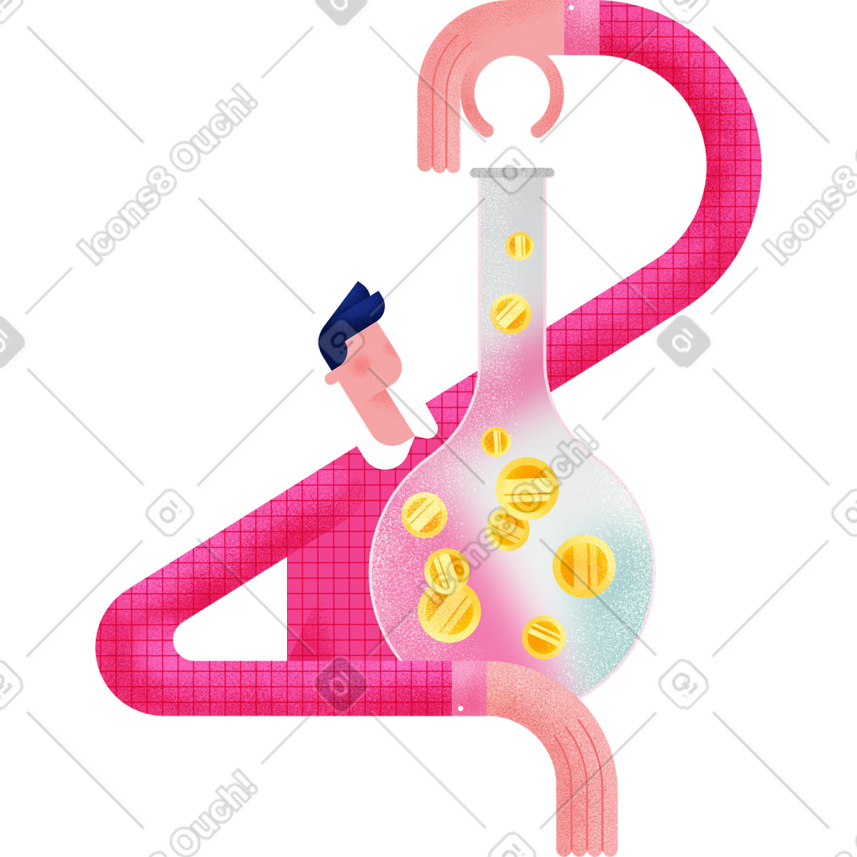 Man in a pink shirt with flask filled bitcoins-Illustration im Willowy-Stil als Download PNG, SVG