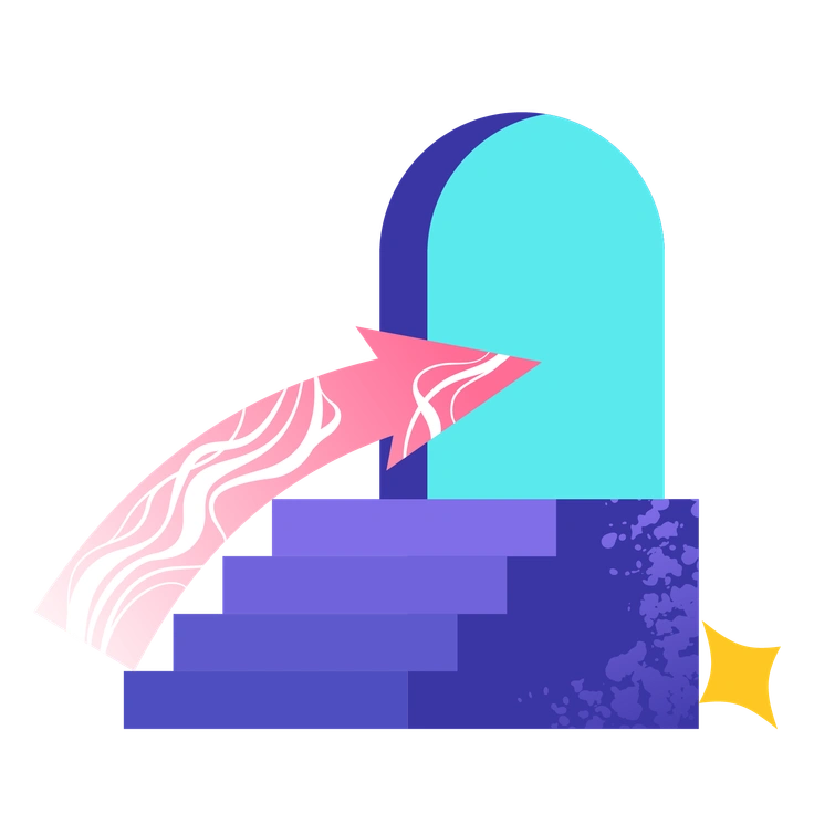 A stylized doorway with stairs and an arrow - Bright style illustration