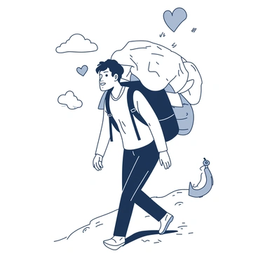 A person is walking down a path with a large, heavy backpack on their shoulders. The backpack appears worn with multiple straps that are tightly secured. The person's posture shows a slight hunch, indicating the weight they are carrying. Surrounding the backpack, there are various symbolic representations of emotional weights, such as small floating hearts, clouds, and anchors that seem to be attached to the backpack, highlighting the burden. The person's facial expression reflects determination and effort as they navigate the path ahead.
