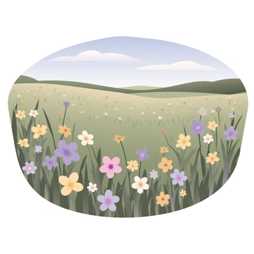 A vast field filled with various wildflowers in vibrant colors, including yellows, purples, and pinks, swaying gently in the breeze. The flowers have distinct petal shapes and are scattered throughout the green grass. Above, there is a clear blue sky with a few soft white clouds. The sunlight casts gentle shadows on the ground, highlighting the textures of the flowers and grass. In the distance, there are rolling hills that provide a soft contrast to the vibrant colors of the field.