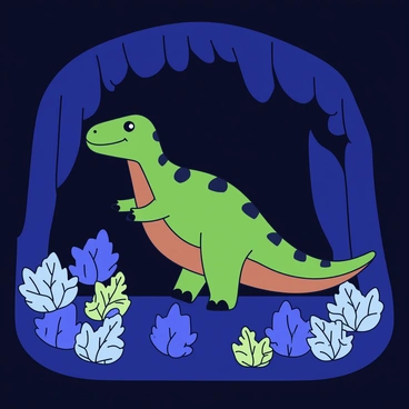 An iguanodon is standing on its hind legs within a dark cave. The dinosaur has distinct green and brown scales, and its large, strong arms are partially extended to balance itself. Surrounding the iguanodon are bioluminescent plants emitting a soft blue-green glow. The plants vary in shape and size, some resembling ferns while others have bulbous forms. The light from the plants illuminates the rocky cave walls, revealing textures and crevices. The cave's ceiling is adorned with small stalactites.