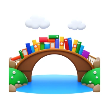 A bridge made entirely of various books, with colorful covers and spines visible, spanning across a small river. The books are stacked neatly on top of one another, forming a sturdy archway above the water. The river flows gently underneath the bridge, reflecting the sunlight and creating ripples. On either side of the bridge, lush green grass and small wildflowers are present, adding a touch of nature to the scene. The sky is clear with a few fluffy clouds drifting by.