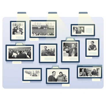 A wall is filled with multiple frames, each containing black and white press photographs. The photographs depict iconic moments in history, such as a crowd celebrating a significant event, a powerful leader giving a speech, and scenes of social change. The frames are made of dark wood, adding a classic touch to the display. Below each photograph, there are small, white nameplates with descriptions of the events depicted, providing context. The wall itself is painted a neutral color, allowing the images to stand out prominently. Lighting from above highlights the frames, casting subtle shadows on the wall.