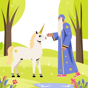 A man with a long, flowing beard is gently petting a unicorn in a sunlit glade. The unicorn has a shimmering white coat and a spiraled golden horn. The glade is surrounded by tall, green trees with dappled sunlight filtering through the leaves. Colorful wildflowers are scattered across the soft grass. A small, sparkling stream flows nearby, reflecting the light. The man wears a long, blue robe adorned with stars, conveying a sense of magic in the serene environment.