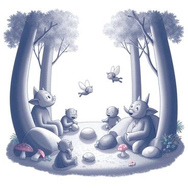 A hidden glen surrounded by tall trees, with dappled light filtering through the leaves. In the center, a group of mythical creatures is gathered. There are fairies with delicate wings fluttering, some hovering in the air while others are perched on rocks or flowers. Various trolls are present, depicted with rugged features, and some are sitting on large stones or leaning against trees. The creatures are engaged in conversation or play, with expressions of curiosity and joy. The ground is covered in soft grass and dotted with colorful mushrooms, creating a lively atmosphere.