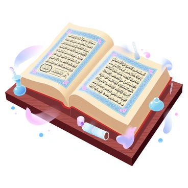 A collection of ancient Islamic manuscripts is spread out on a wooden desk. Each manuscript features intricate calligraphy and ornate patterns in vivid colors. The desk is richly textured, showing the grains of the wood. There are small decorative objects, like an inkwell and a quill, placed beside the manuscripts, adding to the scholarly atmosphere. Light is softly illuminating the scene, creating gentle shadows across the desk.
