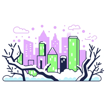 A city skyline featuring a range of skyscrapers and buildings of different heights and architectures. The skyline is presented under a gentle cover of snow, with soft flakes falling from the sky. The buildings have lights glowing from their windows, creating an inviting ambiance. The foreground includes bare tree branches that are dusted with white snow, framing the scene. The atmosphere conveys a sense of tranquility amidst the urban environment.
