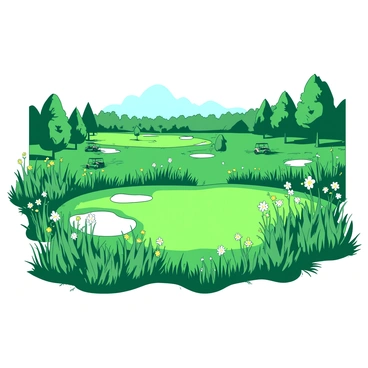 A green golf course is overtaken by overgrown grass, creating a wild and unkempt appearance. Various wildflowers, in shades of white and yellow, burst through the thick grass, adding splashes of color across the landscape. In the foreground, the putting greens are barely visible beneath the lush, unruly vegetation. In the distance, golf carts sit unused, and the once neatly trimmed fairways are now a vibrant tapestry of nature's reclamation. The sky above is clear, casting bright light over the scene.