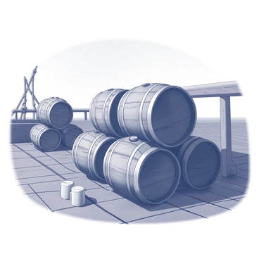 Stacks of wooden rum barrels are neatly arranged on the deck of a ship. The barrels are aged and weathered, displaying the rich texture of the wood and metallic bands securing them. The deck is made of dark, sturdy planks that creak underfoot, with ropes and rigging visible in the background. A few empty mugs lie scattered around, hinting at the excitement of an upcoming pirate celebration. The sky above is clear, suggesting a bright day, while the sea below is calm, providing a serene backdrop for the gathering.