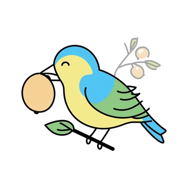 A vibrant bird with bright feathers, including shades of blue, yellow, and green, perched on a mango branch. The bird is leaning slightly forward, nibbling on a ripe mango, which is a rich golden-orange in color. The mango branch features lush green leaves, complementing the bird's bright plumage. In the background, the blurred outlines of other fruit-laden branches can be seen, creating a lush and inviting atmosphere.